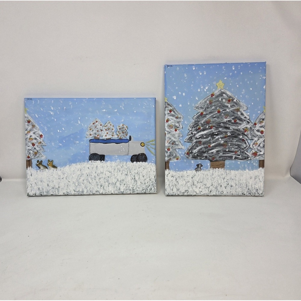 Original Folk‎ Art Christmas Winter Snow Scene Paintings Set of 2 Signed EA 22